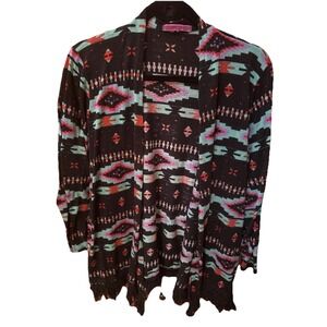 Southwestern Geometric Print Open Front Cardigan Fringe Hem Black Pink Teal